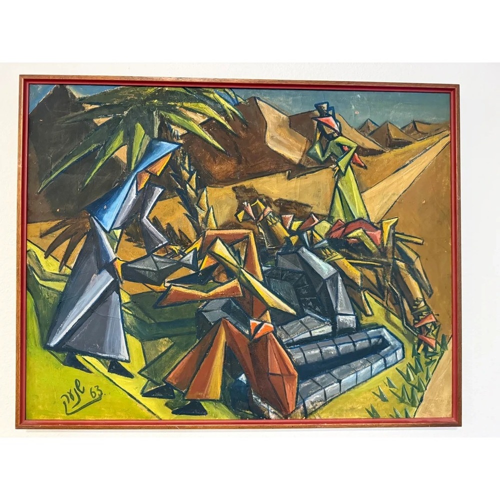 1963 Original Cubist-Style Painting Signed "Pojé" – Mid-Century European Framed